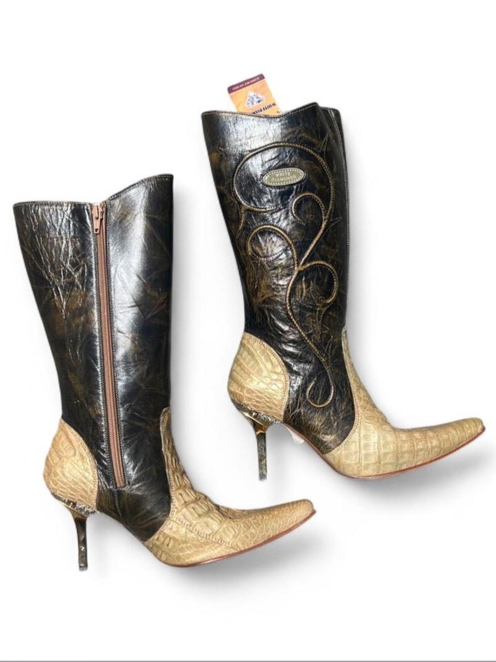 Vintage White Diamonds Crocodile Cowgirl Heeled Boots